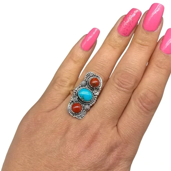 Kingman Turquoise Italian Red Coral Ring Size 7 Solid 925 Sterling Silver - Picture 2 of 7